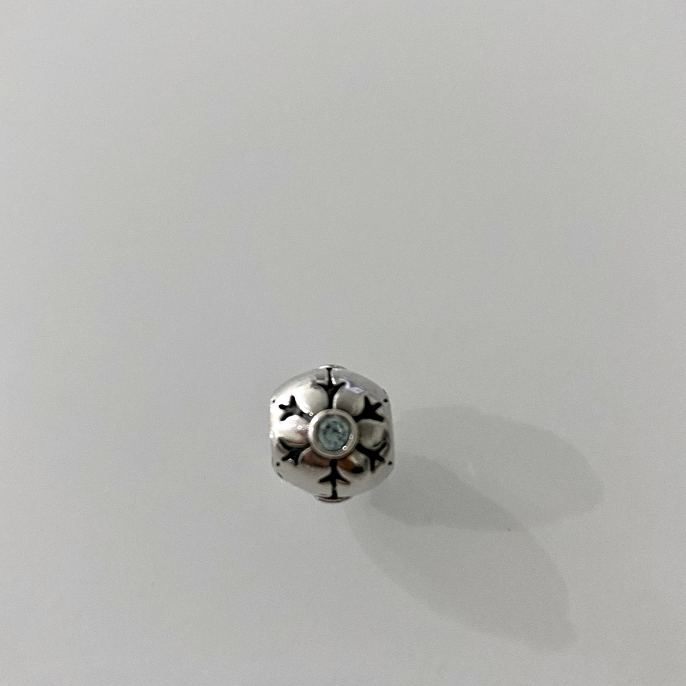 Authentic Pandora ~ Retired Sterling Silver Snowflake Charm w. Aqua CZ Stone.